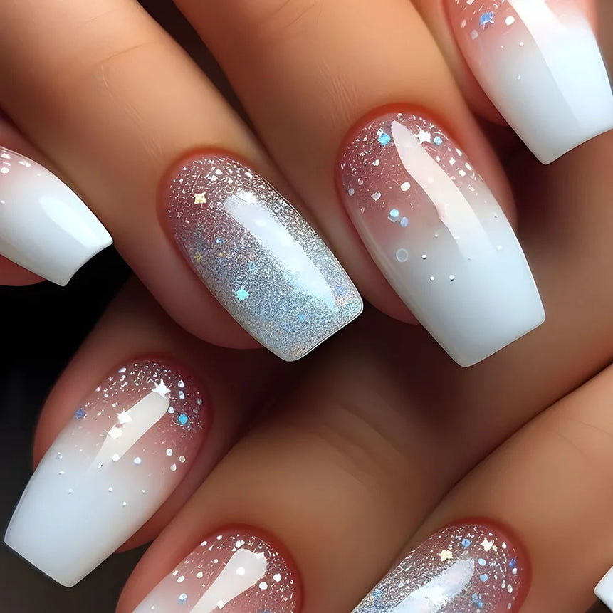 24Pcs Short False Nails with Shimmery Powder Ballet Nail Art Full Cover French Sheer Wearable Nail Manicure Tips for Girls Daily