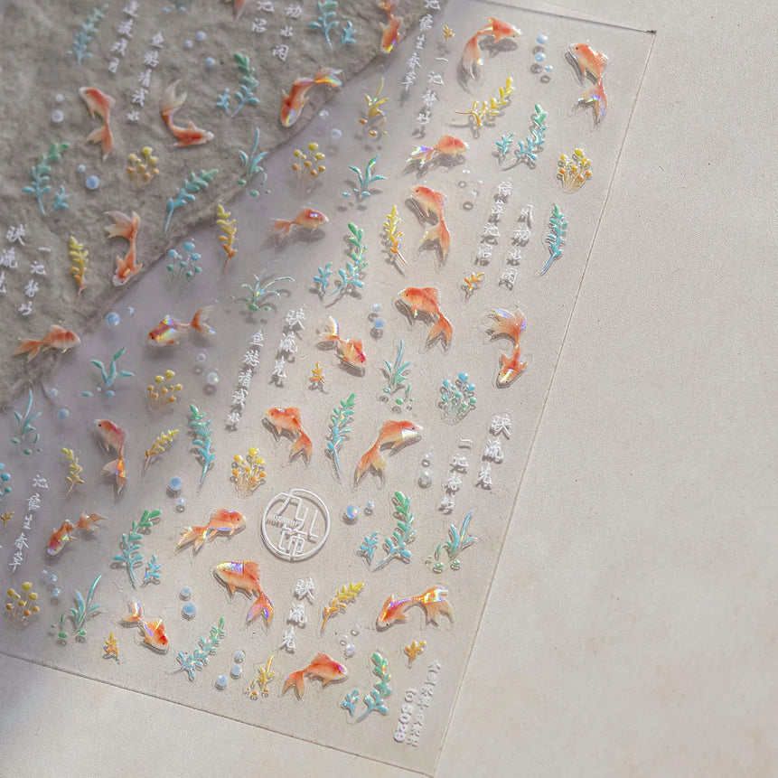Goldfish Cavort Water Grass Lotus Flower Leaf Brocaded Carp Koi Ripple Droplet Water Bubbles 5D Nail Art Stickers Manicure Decal
