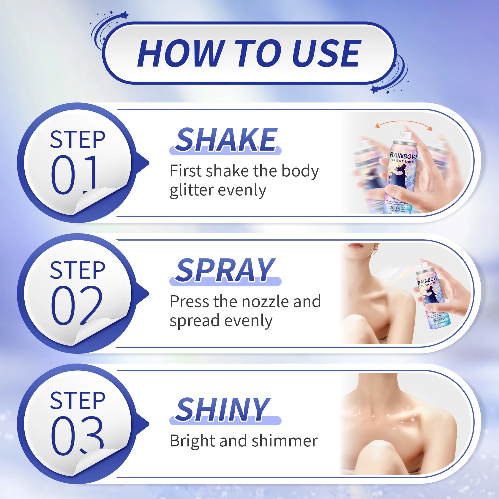 60ML Body Glitter Spray For Hair Body Long-Lasting Quick-Drying Shiny Hairspray For Festival Party Rave Temporary Glitter Spray