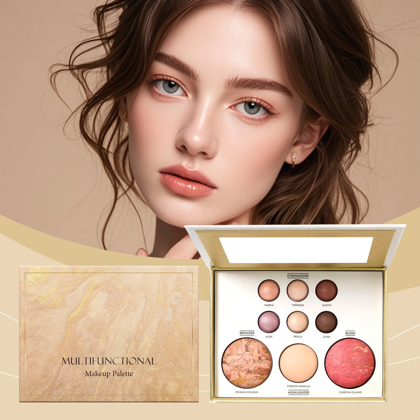 All-in-one Makeup Palette with Eye Shadow, Contouring, Blush, Highlighter, and Eyelid Brightening in One; Versatile Makeup