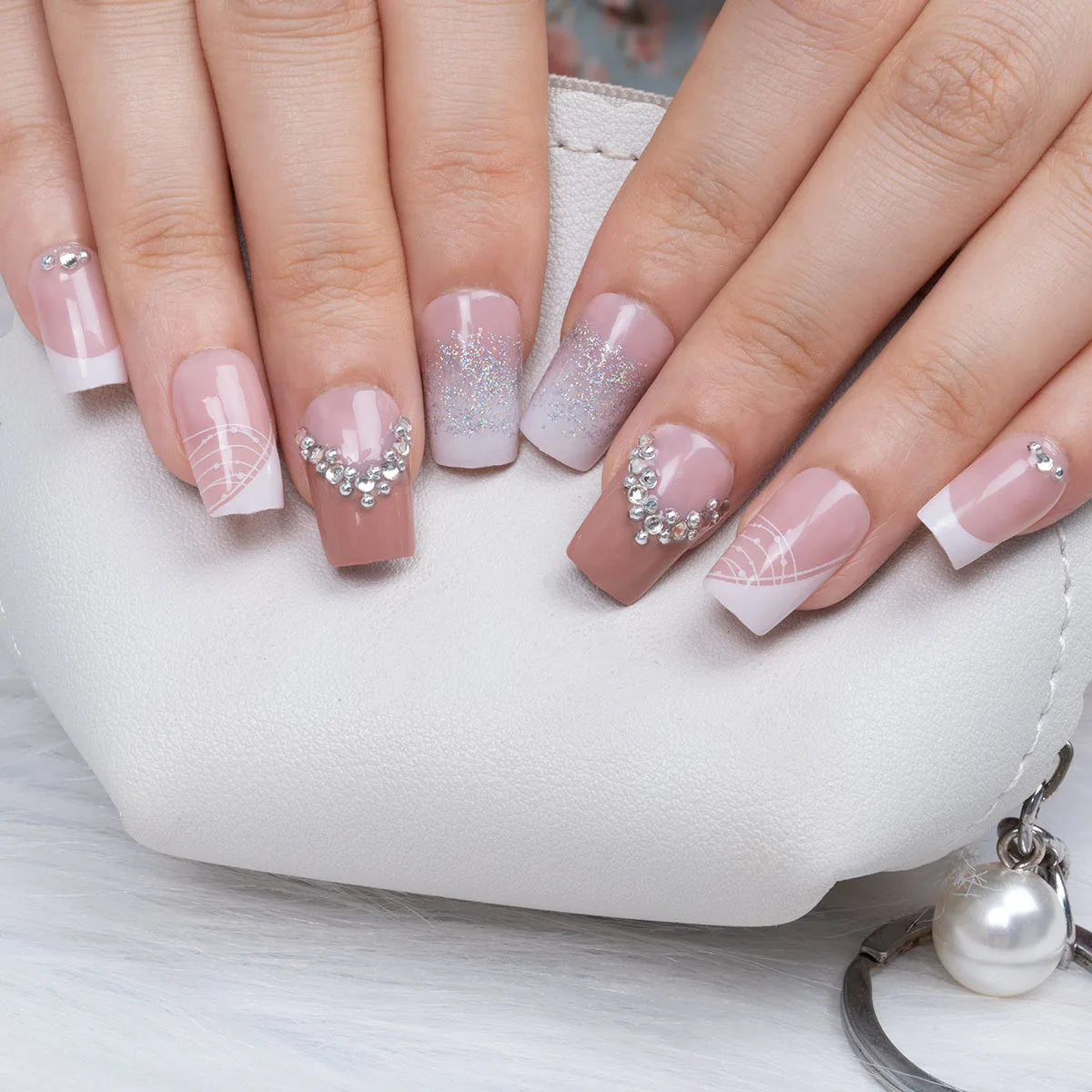 24Pcs Short False Nails with Shimmery Powder Ballet Nail Art Full Cover French Sheer Wearable Nail Manicure Tips for Girls Daily