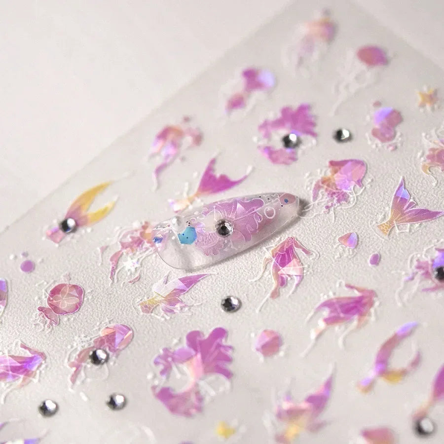 Goldfish Cavort Water Grass Lotus Flower Leaf Brocaded Carp Koi Ripple Droplet Water Bubbles 5D Nail Art Stickers Manicure Decal
