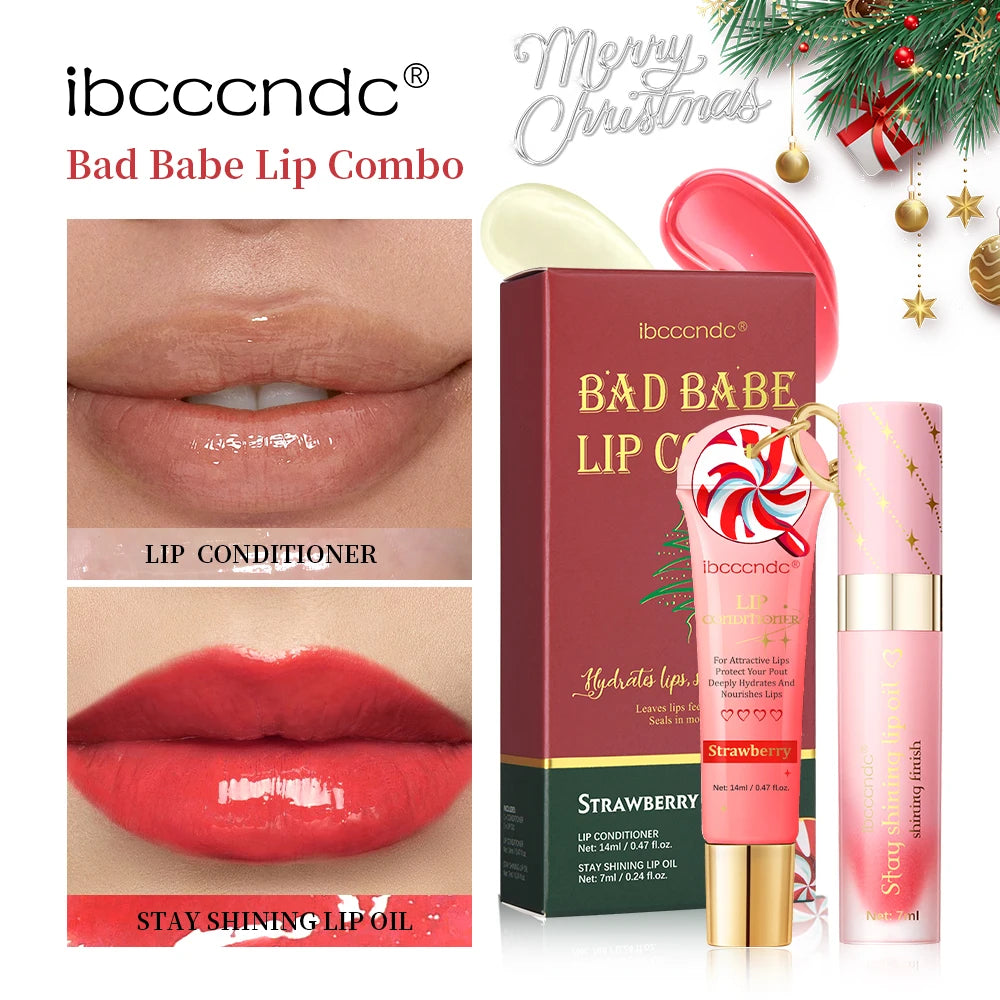 2pcs Bad Girl Glossy Christmas Lip Gloss Set Strawberry Lip Balm and Lip Gloss Combo Long-Lasting Hydrating Plump Lips Christmas