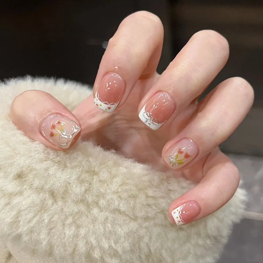 24pcs Detachable Short Press on Nails Y2k rhinestone False Nails with Glue Ballet Sweet Cool Girls Artificial False Nails Tips
