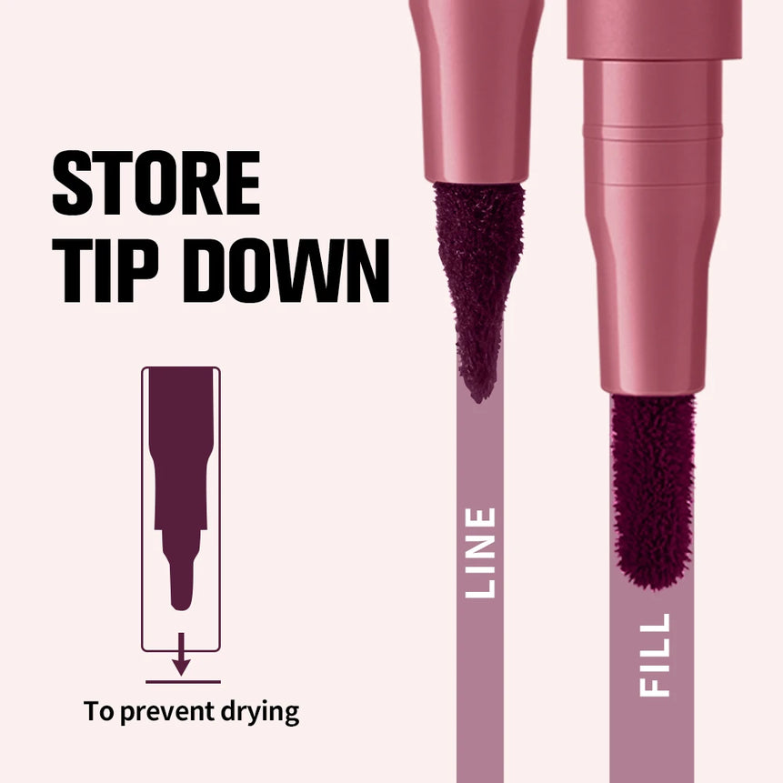 2-in-1 Lip Contour Lip Stain Pen Smudge-proof Non-stick Cup Moisturizing Lip Makeup Cosmetic Dual-Sided Tip Lip Stain & Liner