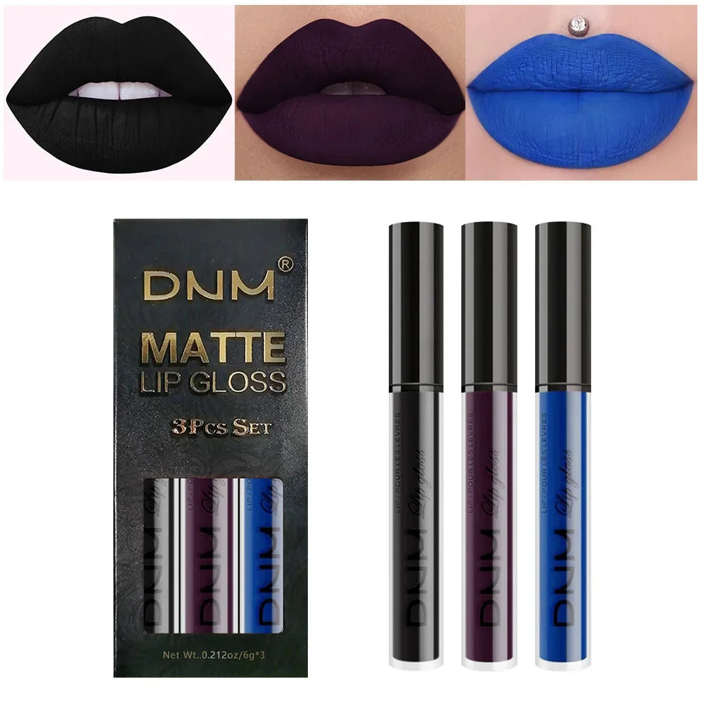 3pcs/set Liquid Lipstick Waterproof Long Lasting Cosmetic Black Blue Purple Green Matte Lip Gloss Nude Lip Tint Stain Makeup Set