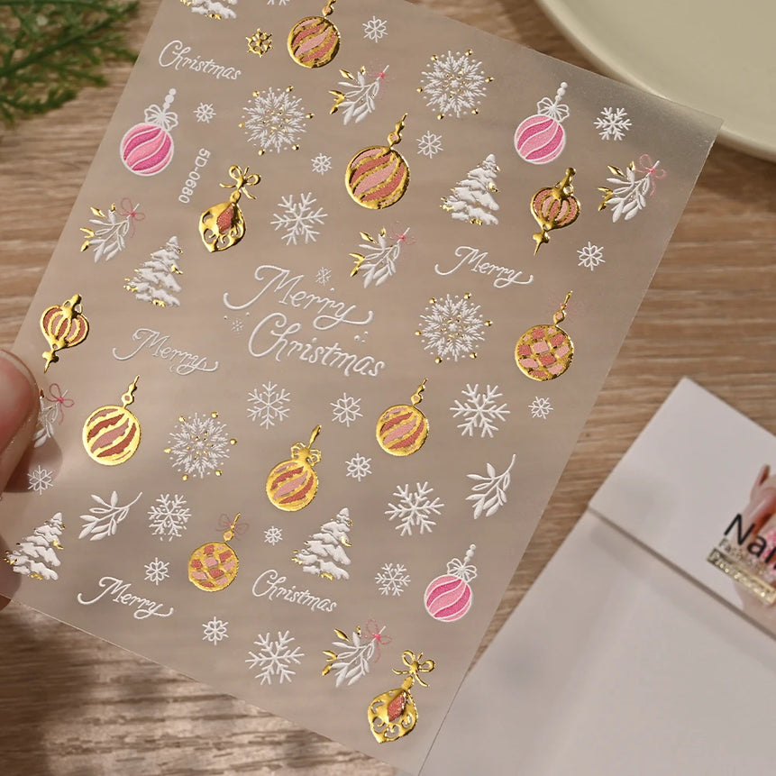 5D Red Bowknot/Gold Snowflakes/Christmas Tree Nail Stickers Cute White Snowflake Bow Christmas Nail Decals New Year Nail Supplie