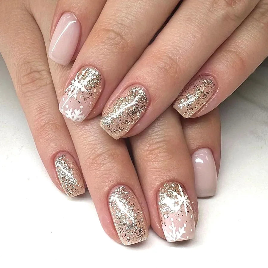 24Pcs Short False Nails with Shimmery Powder Ballet Nail Art Full Cover French Sheer Wearable Nail Manicure Tips for Girls Daily