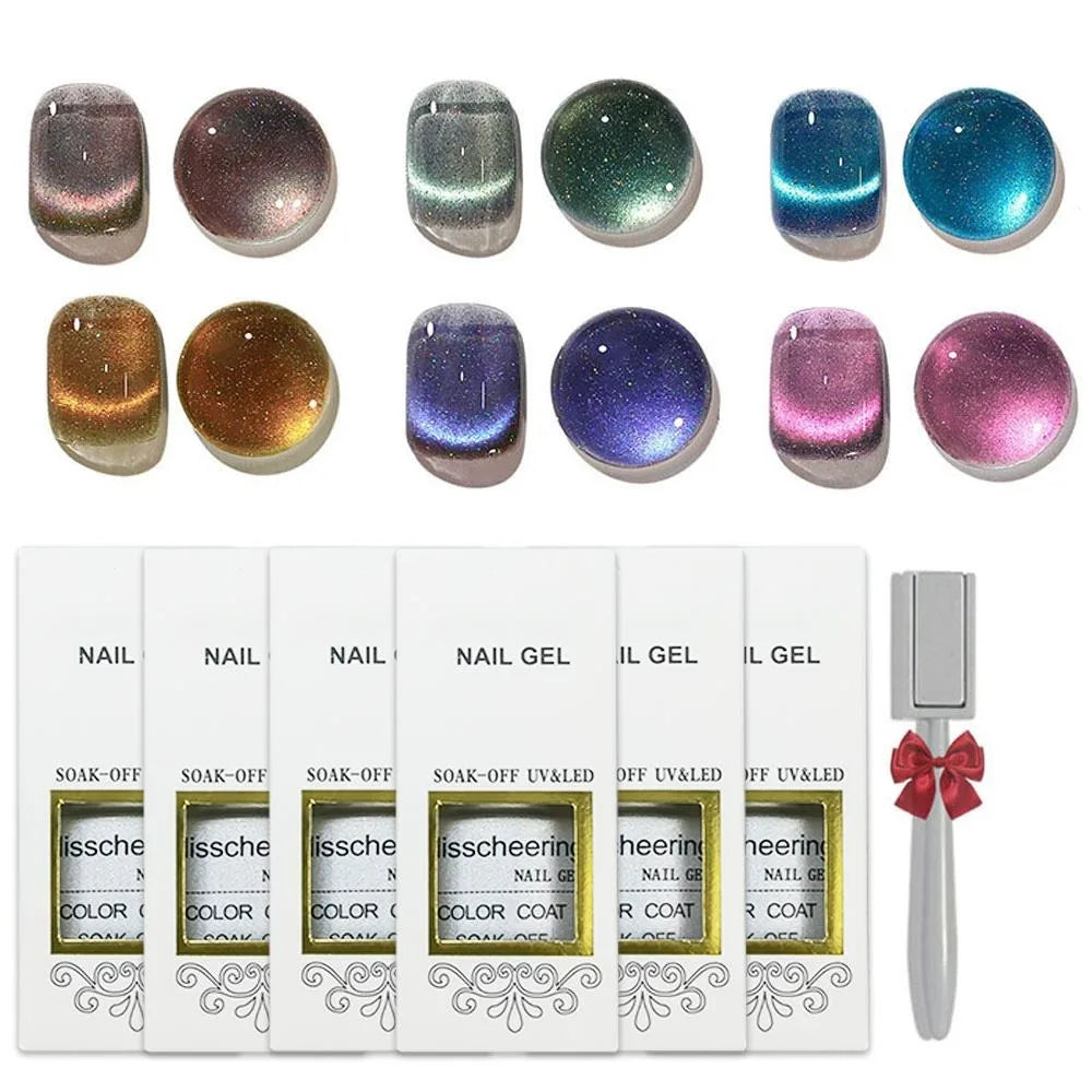 6PCS ASHE Holographic Glitter Neon Cat Eye Gel Nail Polish Set with Free Magnet, Cateye Blue Green Purple Soak Off Gel Polish
