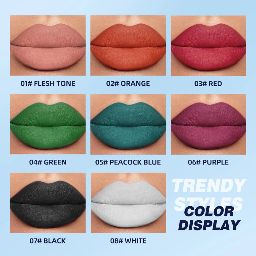 QIBEST Nude Velvet Matte Lipstick Long-lasting Highly Pigmented Lip Tint Not Stick Cups Red  Green Orange Black White Lip Stain