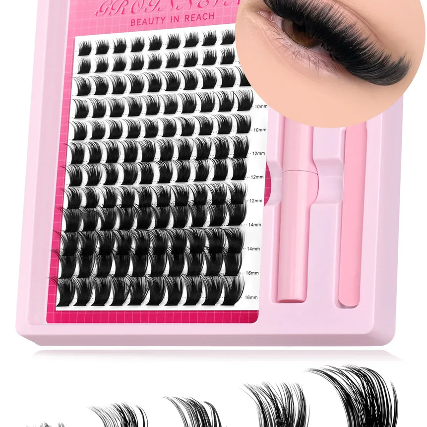 GROINNEYA Lash Clusters Kit Fluffy Individual Lashes C Curl Cluster DIY Lash Extension Kit Lash Bond and Seal Eyelash Extensions
