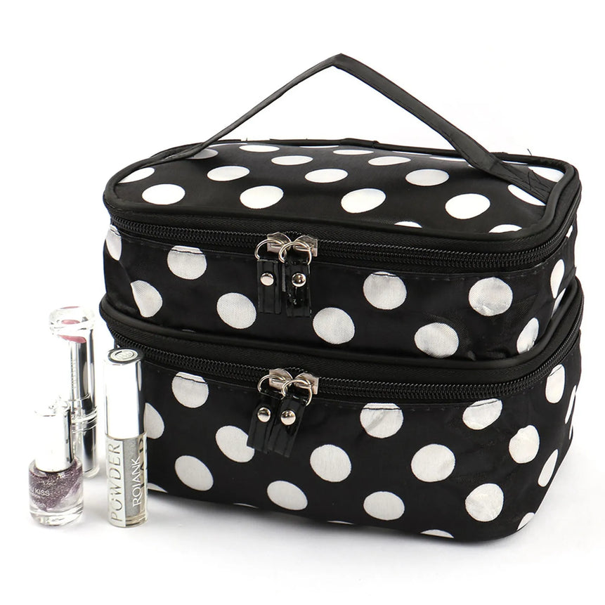 Women'S Travel Cosmetic Makeup Bag Organizer Double Layer Dot Pattern Toiletry Bag Case Pouch With Mirror For Woman