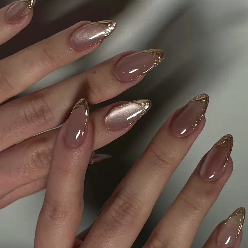 24Pcs Metallic Cat Eye French Sheer Manicure Tip Art Textured 3D Acrylic False Nails Nude Pink Almond Medium Press on Fake Nails