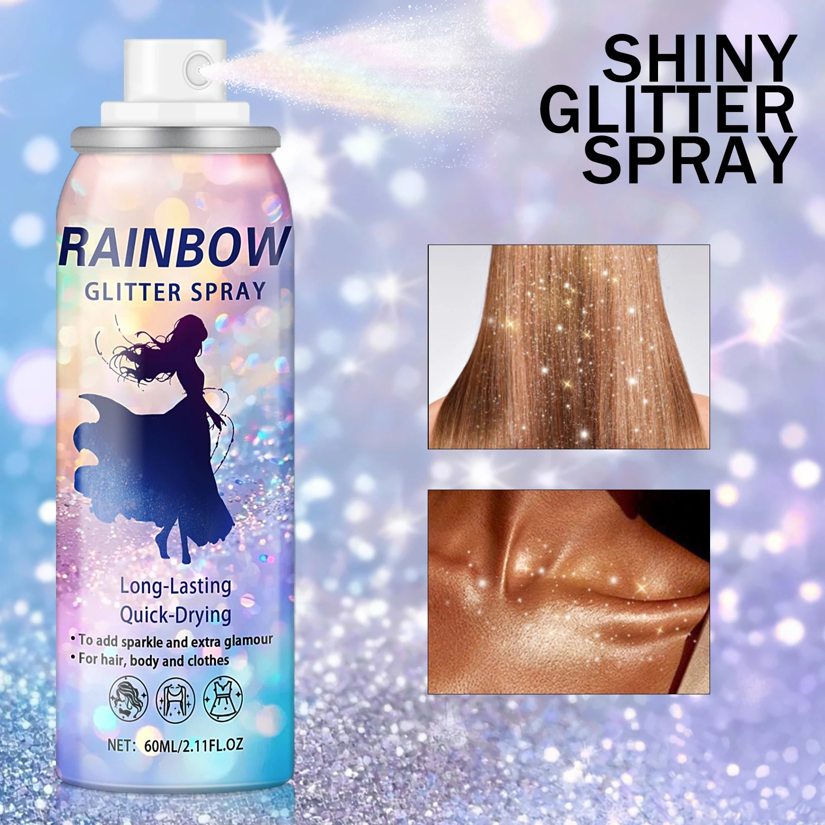 60ML Body Glitter Spray For Hair Body Long-Lasting Quick-Drying Shiny Hairspray For Festival Party Rave Temporary Glitter Spray