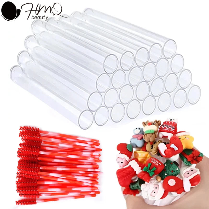 20Pcs Reusable Eyelash Brush Tube Christmas Style Disposable Mascara Wands Applicator with Tube Dust-proof Tubes Makeup Tools