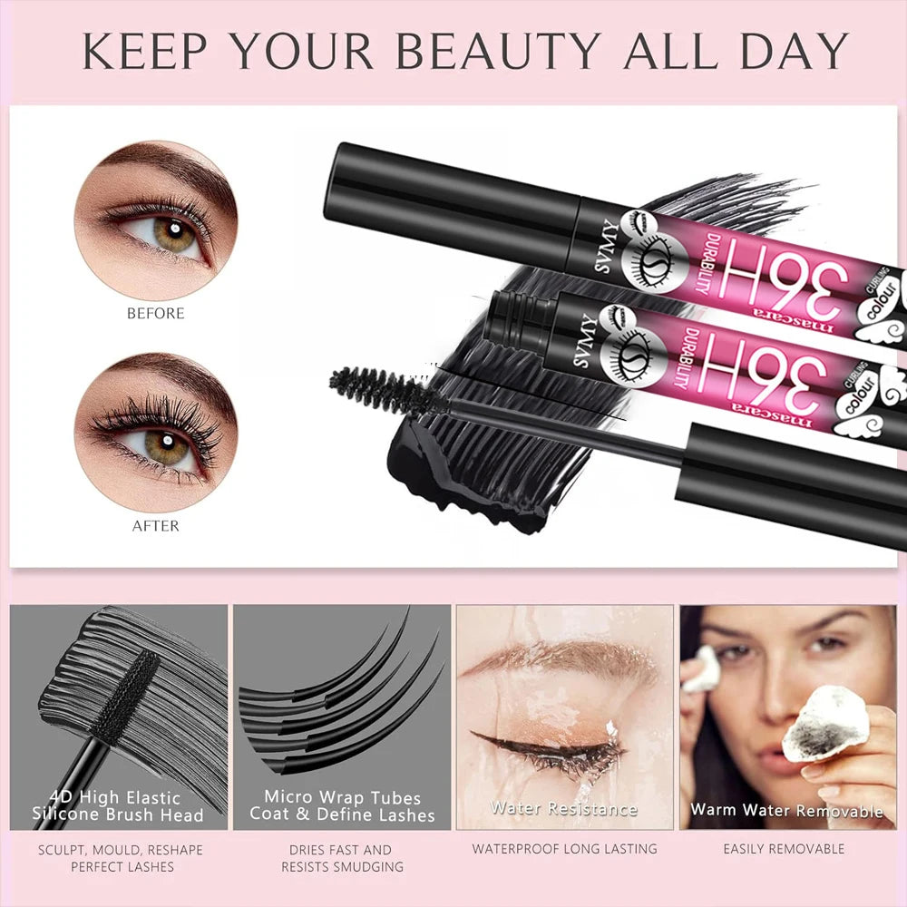 Prolonged 36H Curling Mascara Waterproof Silk Thin Brush Head Smudge Proof Volumizing Non-caking Mascara Makeup Lash Extension
