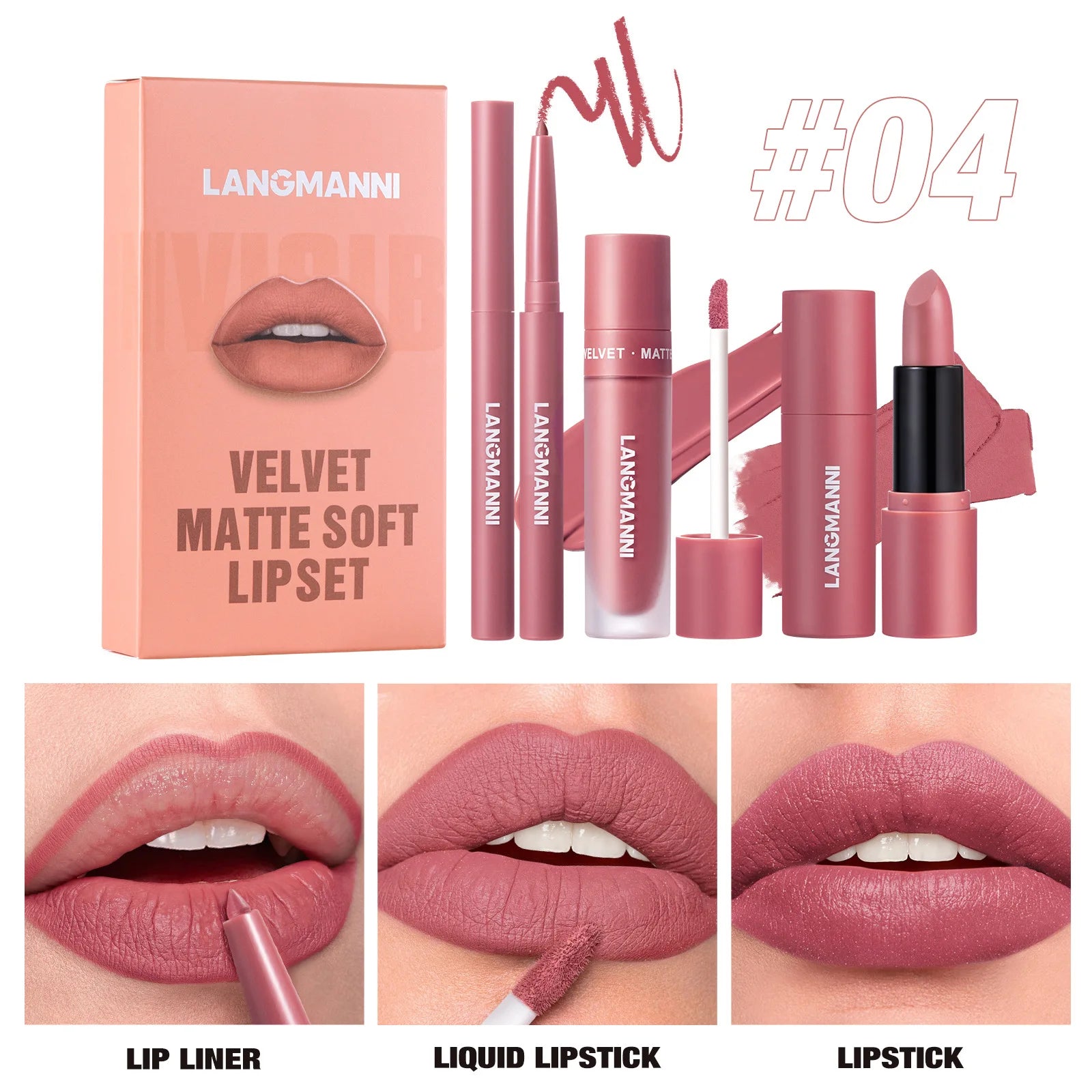 3pcs/Set Long Lasting Waterproof Lip Makeup Kit - Soft Smooth Creamy Lipliner Lipstick & Liquid Velvet Lipstick Set