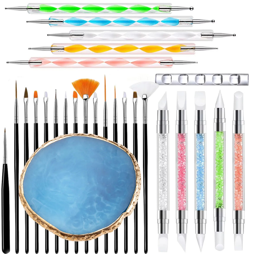 27PCS Manicure Tools Nail Art Brush Set with Resin Nail Art Palette 5Pcs Nail Art Sculpture Pen Dotting Pen for Nail Art DIY