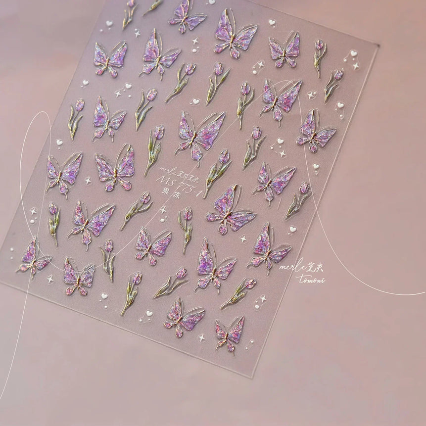Shiny Jelly Butterfly Charming Golden Gradient Bowknot 5D Self Adhesive Nail Art Sticker Flower Petal Rhinestone Manicure Decals