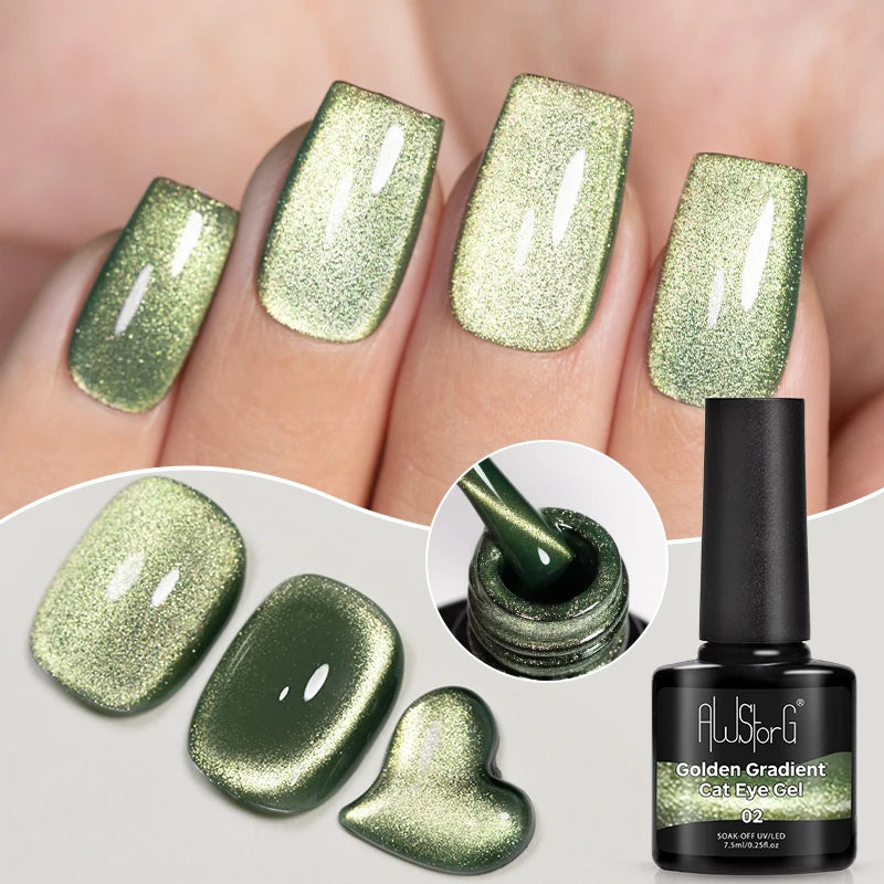 AWStorG 7.5ML Golden Gradient Cat Eye Magnetic Gel Sparkling Glitter Nail Polish Semi Permanent UV Nail Art No Need Base Color