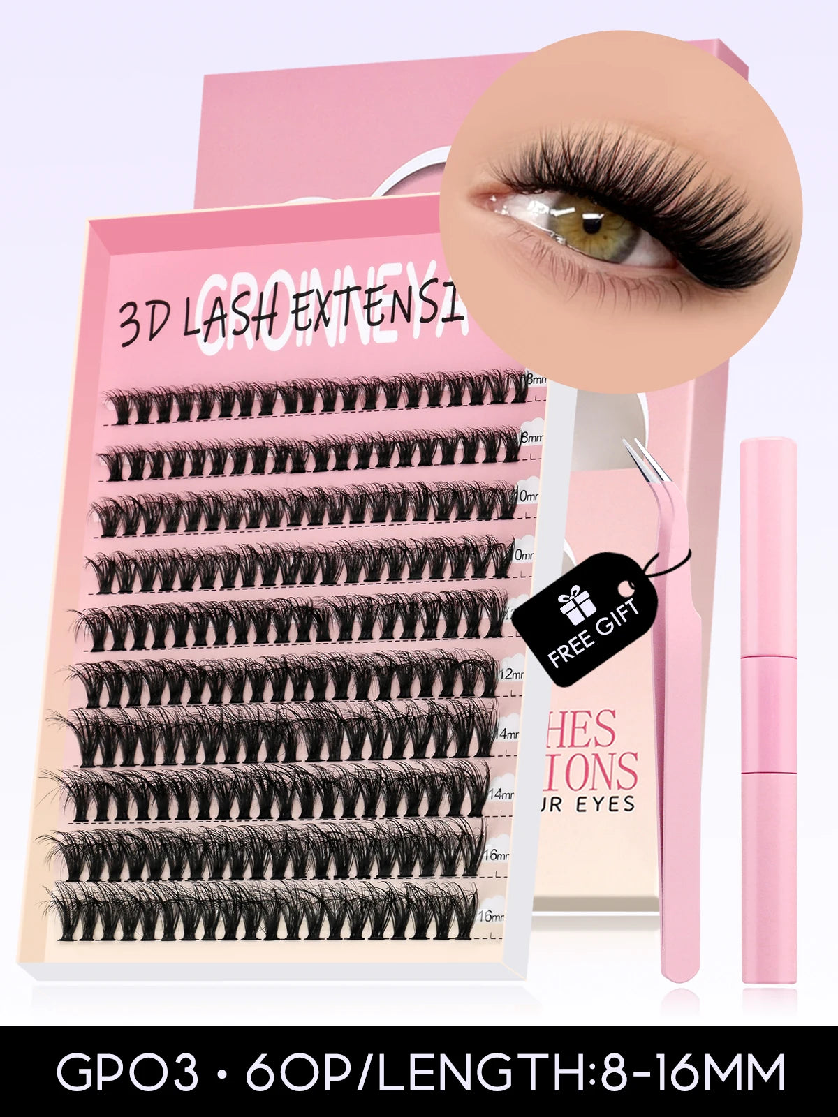 GROINNEYA DIY Lash Kit 10-18mm Manga Lashes Mixed Tray Lash Clusters Individual Eyelashes Kit with Lash Bond DIY Lashes