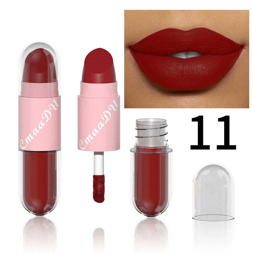 Lipstick Lip Gloss 2-in-1 Matte Lip Color Velvet Lip Glaze Waterproof Long Lasting Non-marking Natural Lip Tint Blam Cosmetic
