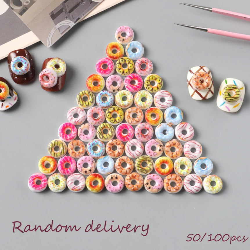 50/100pcs Donut Nail Charms Flatback Decorations - Colorful Rhinestone Sprinkles & Cream Nail Art DIY Beads Cute Gems Nail Art