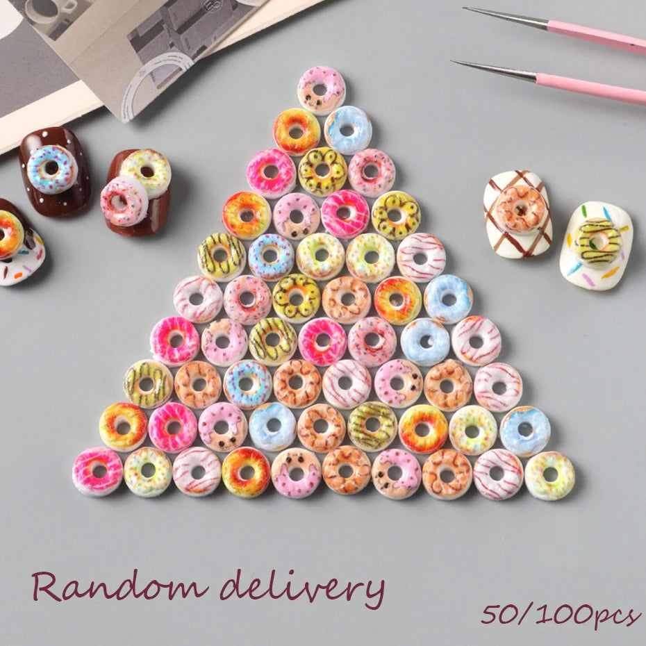 50/100pcs Donut Nail Charms Flatback Decorations - Colorful Rhinestone Sprinkles & Cream Nail Art DIY Beads Cute Gems Nail Art