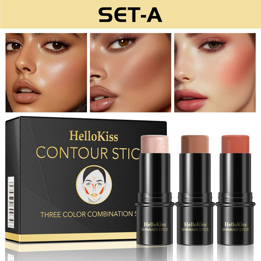 1 Set of 3 Contour Sticks, Highlighter Stick, Blush Stick, 3-Piece Cream Contour Set Including Contour Brush, Creates Facial Contours, Non-Greasy