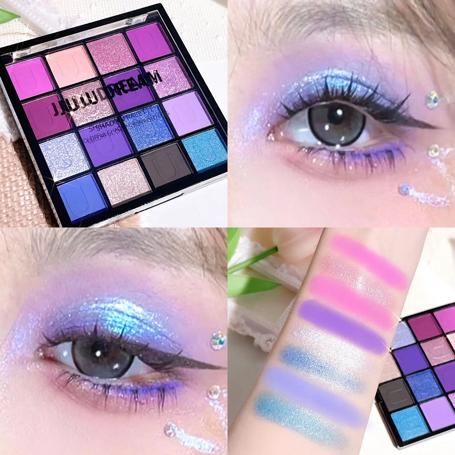 16-Color Eyeshadow Palette: Koi, Mermaid, Enchanted Forest, with pearlescent, matte, and fine shimmer finishes.