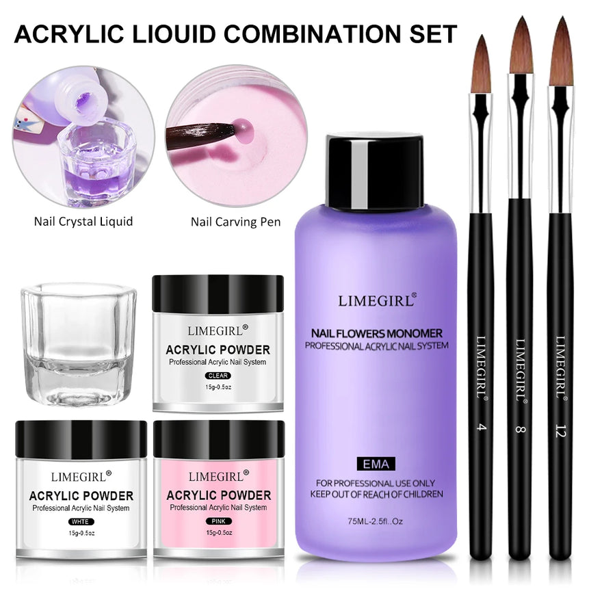 LIMEGIRL Acrylic Powder & Manicure Tools Set Trendy Multi Color Acrylic Powder Kit for Nail Extension and Subtle Glitter Accents