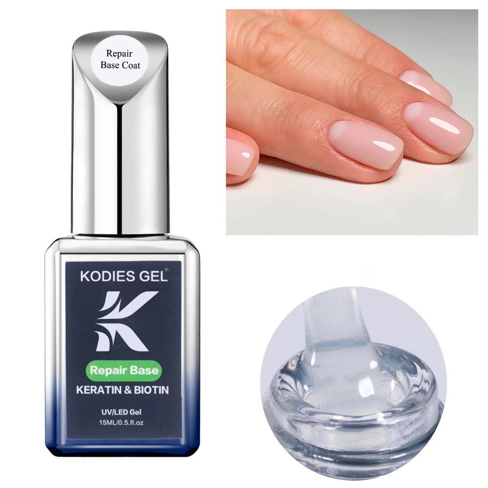 KODIES GEL Keratin Rubber Base Coat 15ML Nail Strengthener Gel Nail Polish Semi permanent UV Durable Base Varnish Protects Nails