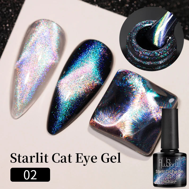 AWStorG 7.5ML Golden Gradient Cat Eye Magnetic Gel Sparkling Glitter Nail Polish Semi Permanent UV Nail Art No Need Base Color