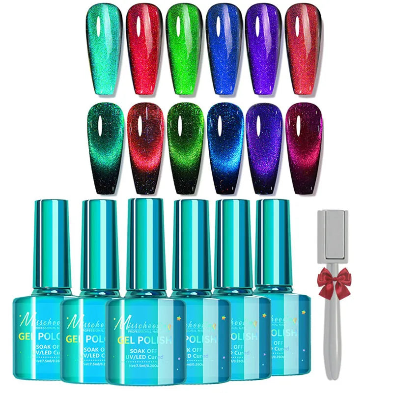 6PCS ASHE Holographic Glitter Neon Cat Eye Gel Nail Polish Set with Free Magnet, Cateye Blue Green Purple Soak Off Gel Polish
