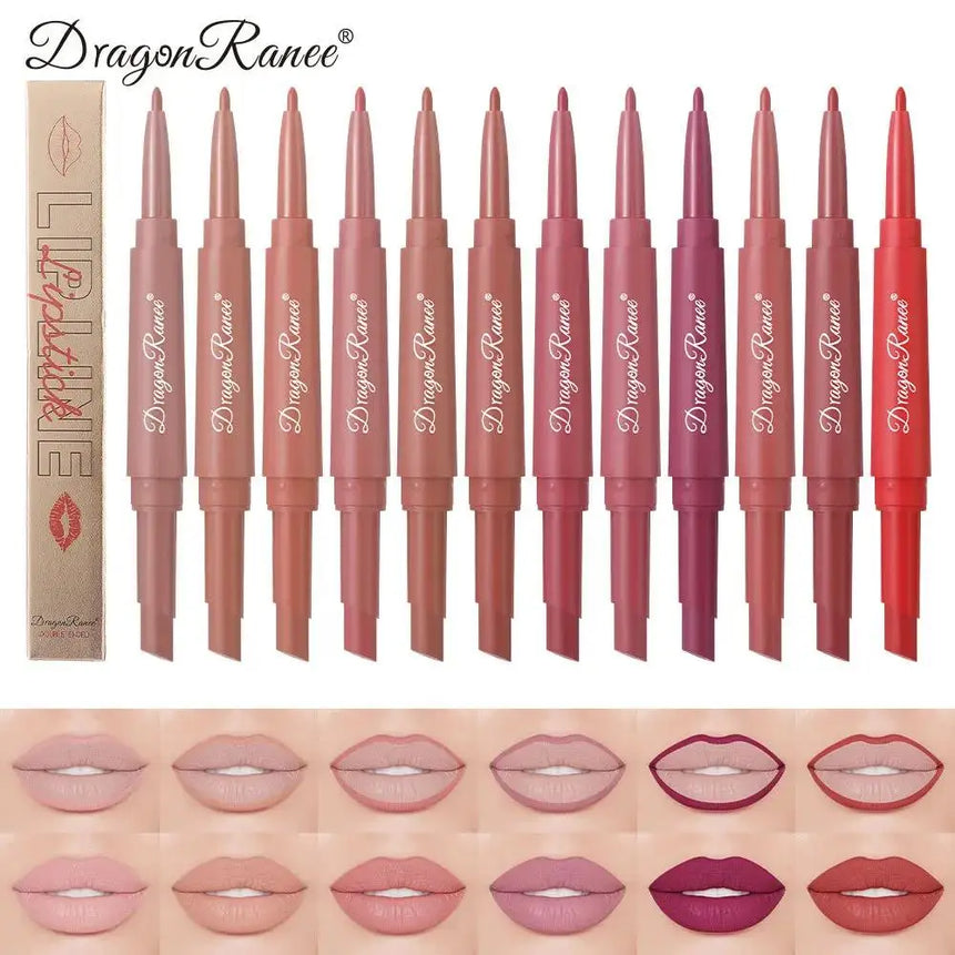 Double Head Matte Lip Liner Pencil 2 in 1 Long Lasting Waterproof Nude Red Lipstick Brighten Outline Makeup Stick