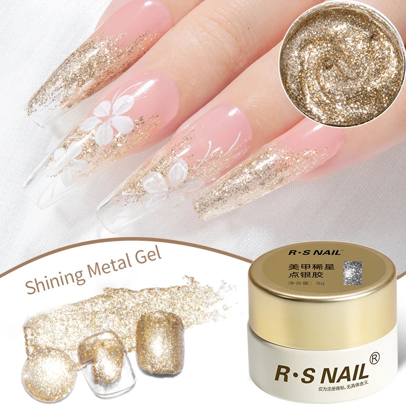 RS NAIL 8g Sparkle Painting Gel No Wipe Platinum Gel Glitter Metallic Golden Silvery Liner Gel French Drawing Liner DIY Nail Art