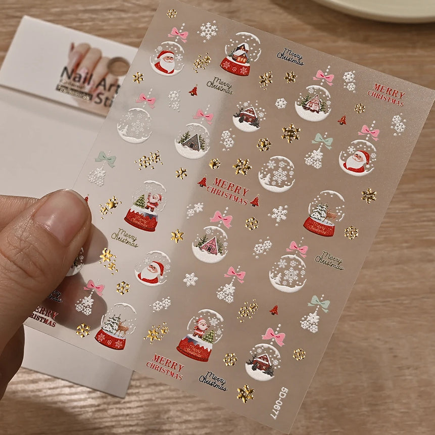 5D Red Bowknot/Gold Snowflakes/Christmas Tree Nail Stickers Cute White Snowflake Bow Christmas Nail Decals New Year Nail Supplie