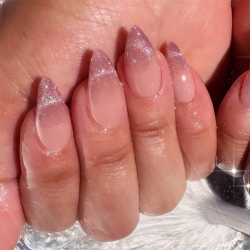 24Pcs Metallic Cat Eye French Sheer Manicure Tip Art Textured 3D Acrylic False Nails Nude Pink Almond Medium Press on Fake Nails