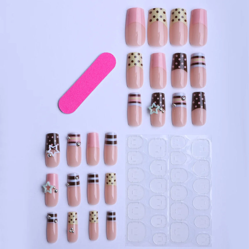 24pcs Y2K Sweet Stars Press On Nails Blue Brown Stripes French Style False Nails Wave Point Designs Autumn Vintage Fake Nail