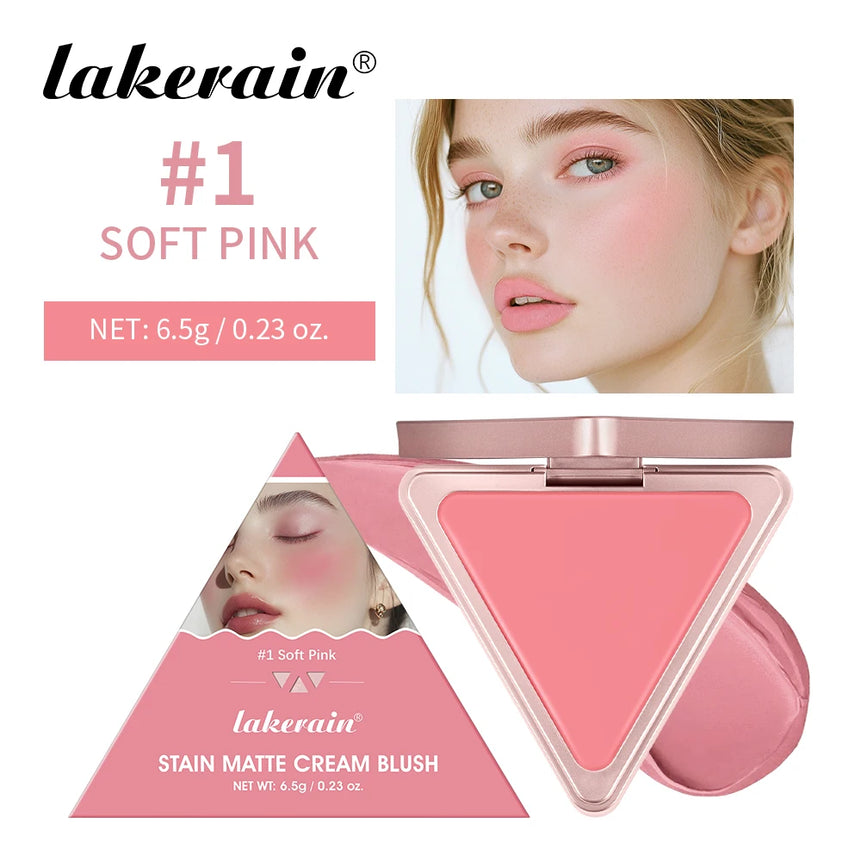 Lakerain Matte Cream Blusher Long-lasting Natural Makeup Triangle Box Design Oil-Resistant High Pigment Cream Blush Plate