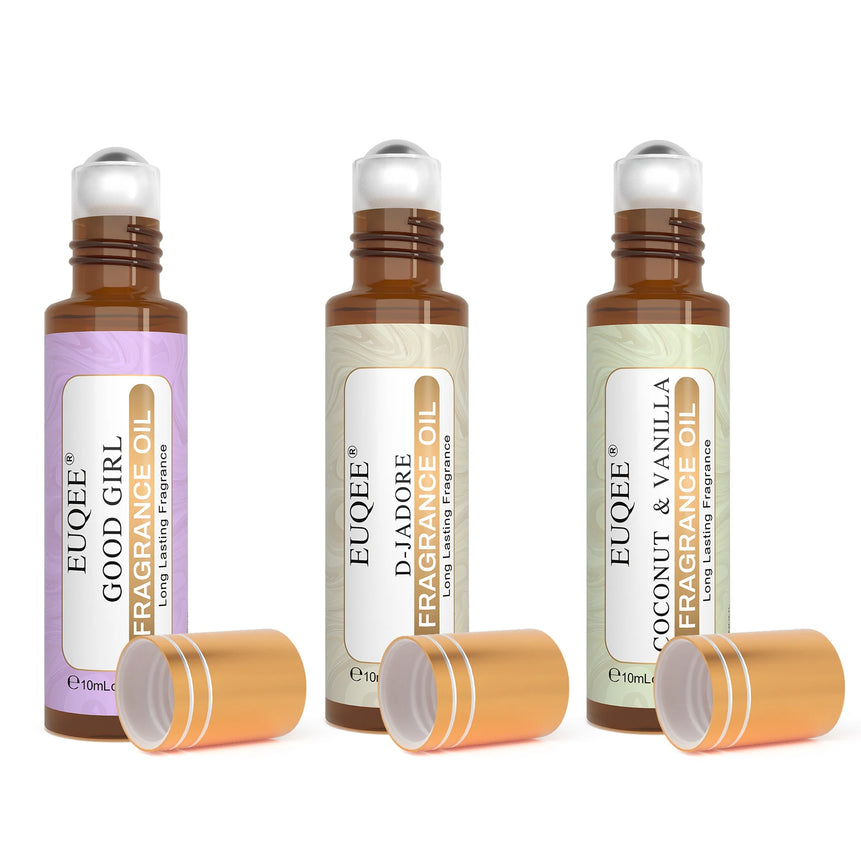 EUQEE 10ml Roll-On Fragrance Oil for Skin Sea Breeze White Musk Coconut & Vanilla Bubble Gum Green Tea Long Lasting Scent