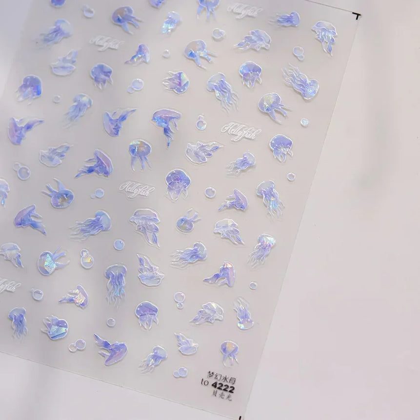 Goldfish Cavort Water Grass Lotus Flower Leaf Brocaded Carp Koi Ripple Droplet Water Bubbles 5D Nail Art Stickers Manicure Decal