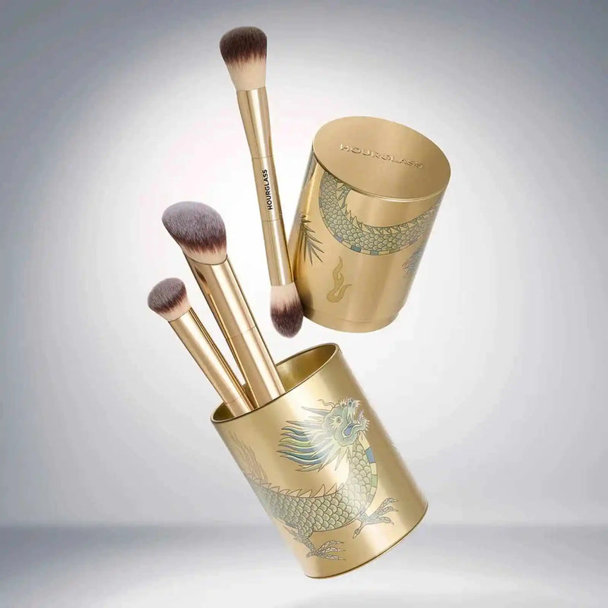 HOURGLASS Complexion Essentials Brush Set -Dragon series 3 makeup brushes with a Packaging box and a Brush bucket