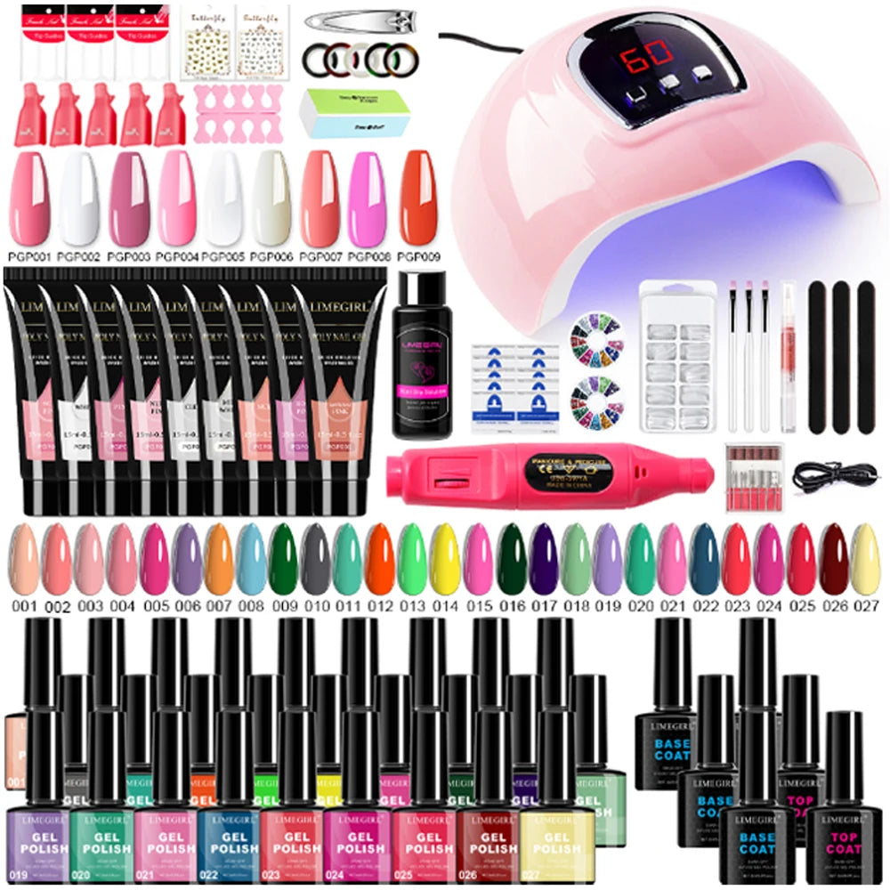 LIMEGIRL Gel Nail Polish Set with UV LED Lamp and Nail Drill Semi-Permanent Gel Varnish Kit UV Soak Gel Base Coat Polishing Tool