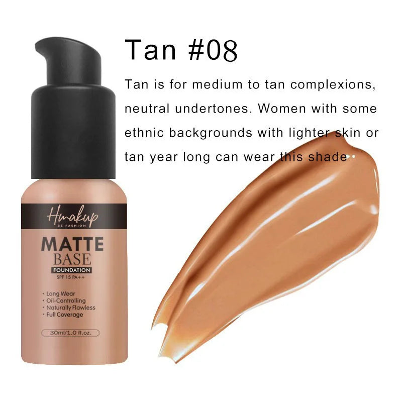 30ml 6-Color Matte Liquid Foundation | Oil-Control, Waterproof, Long-Lasting, Full Coverage, Natural Face Base and Concealer Makeup
