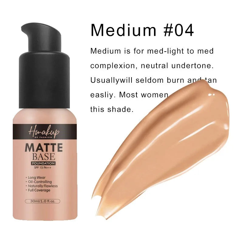 30ml 6-Color Matte Liquid Foundation | Oil-Control, Waterproof, Long-Lasting, Full Coverage, Natural Face Base and Concealer Makeup