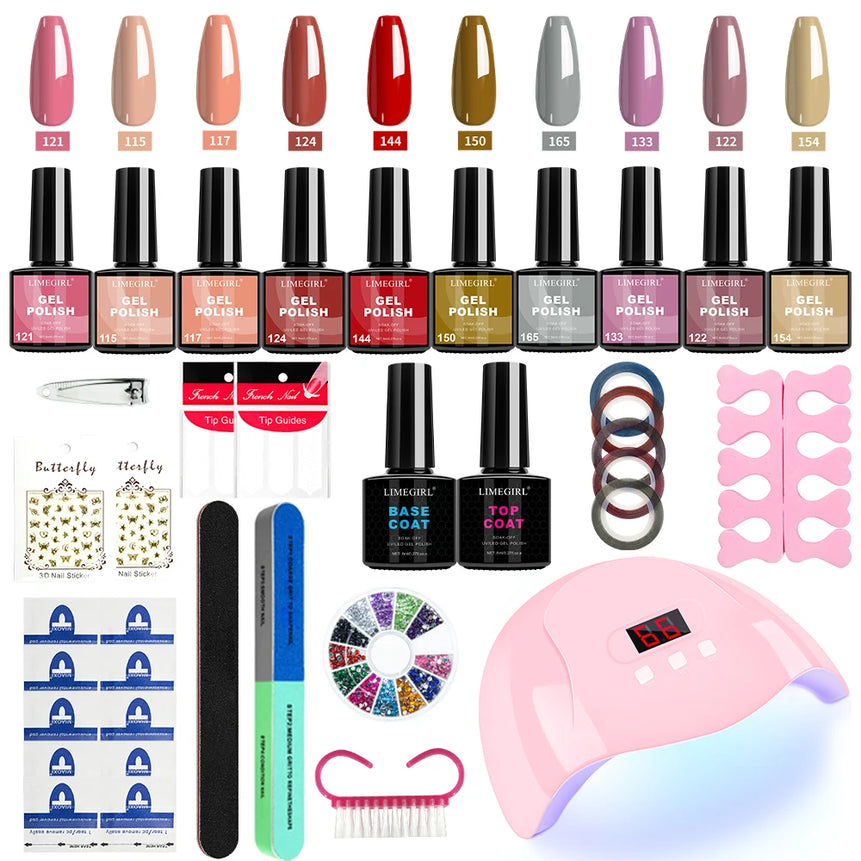 LIMEGIRL 8ml Gel Nail Polish Kit UV Soaking Gel Primer Polish Manicure Kit with UV LED Lamp Dryer Semi-Permanent Gel Varnish Kit