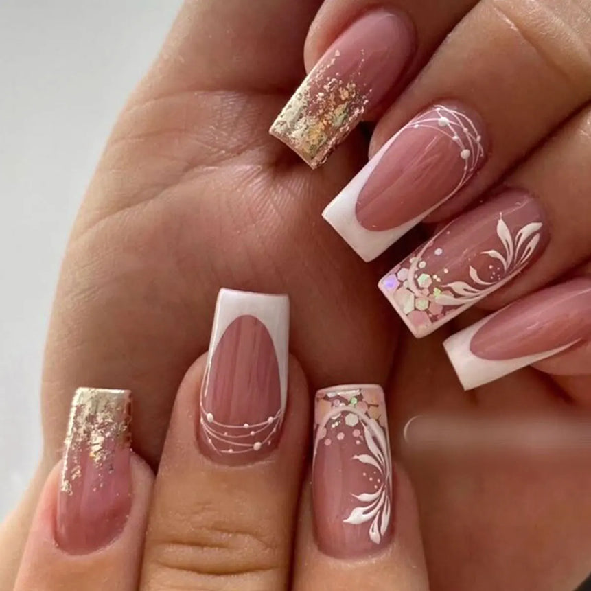 24Pcs Short False Nails with Shimmery Powder Ballet Nail Art Full Cover French Sheer Wearable Nail Manicure Tips for Girls Daily