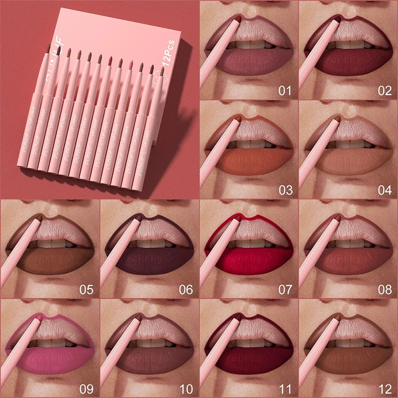 DUNUF 12 Pcs Durable Waterproof Lip Liner Matte Durable Easy To Color Non-Stick Cup No Fading No Beginner Friendly Exquisite Gif