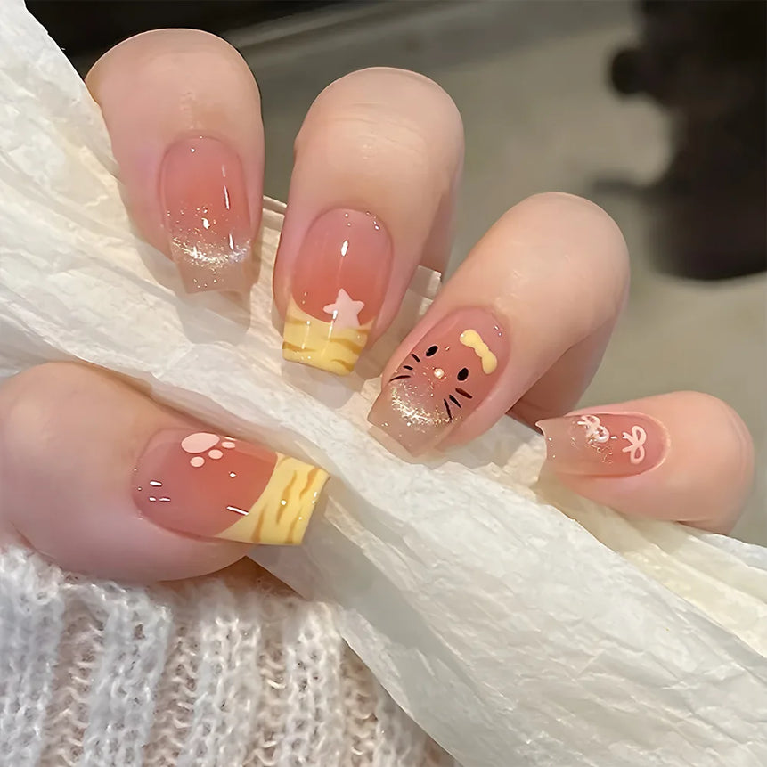 24pcs Detachable Short Press on Nails Y2k rhinestone False Nails with Glue Ballet Sweet Cool Girls Artificial False Nails Tips